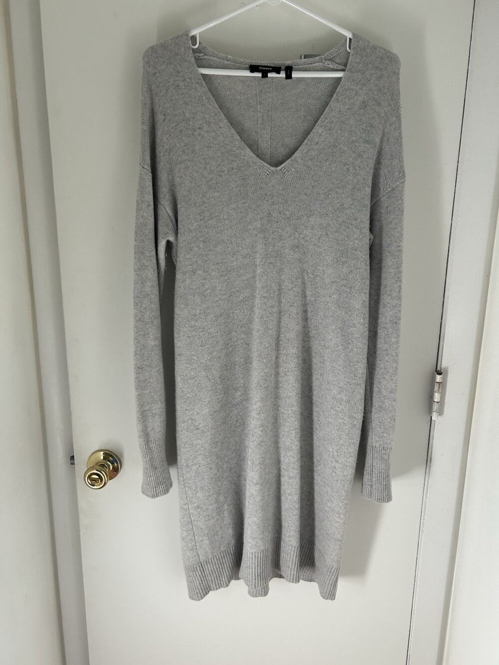 Theory Cashmere Sweater Dress Size L Gray V Neck
